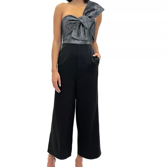 Sam Edelman Black Silver Cady Metallic Bow-Bodice Jumpsuit - Picture 1 of 3